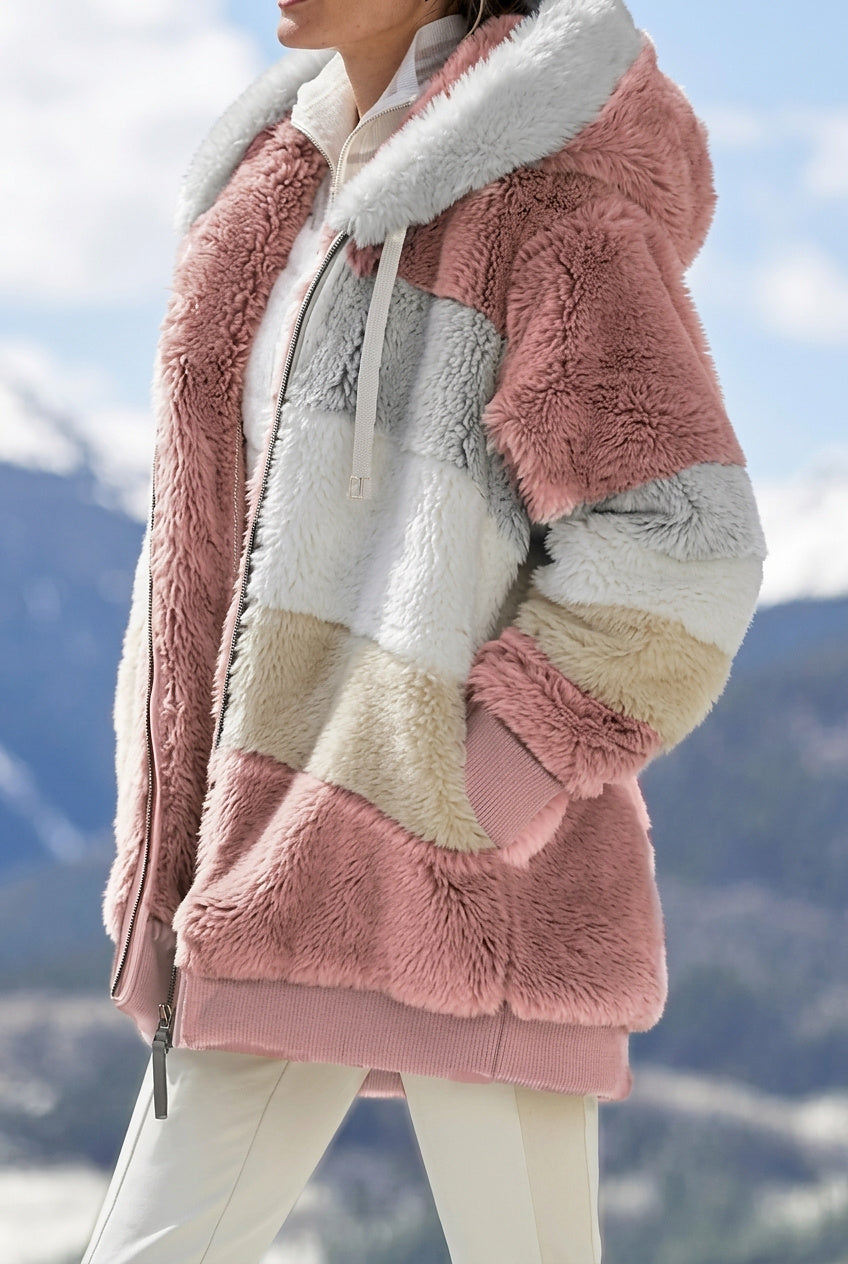 Wintermantel Damen im Colorblock-Stil aus Kunstfell in Rosa