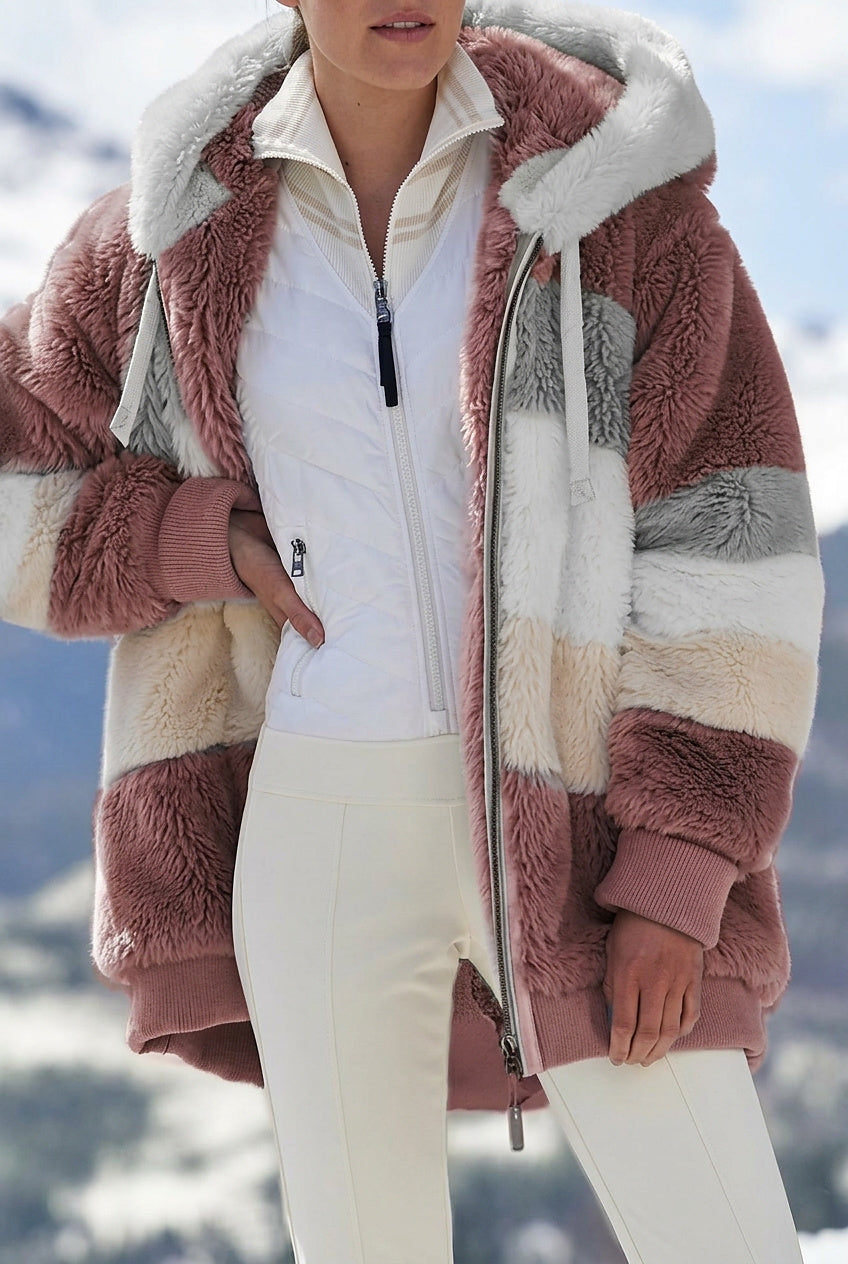 Wintermantel Damen im Colorblock-Stil aus Kunstfell in Rot