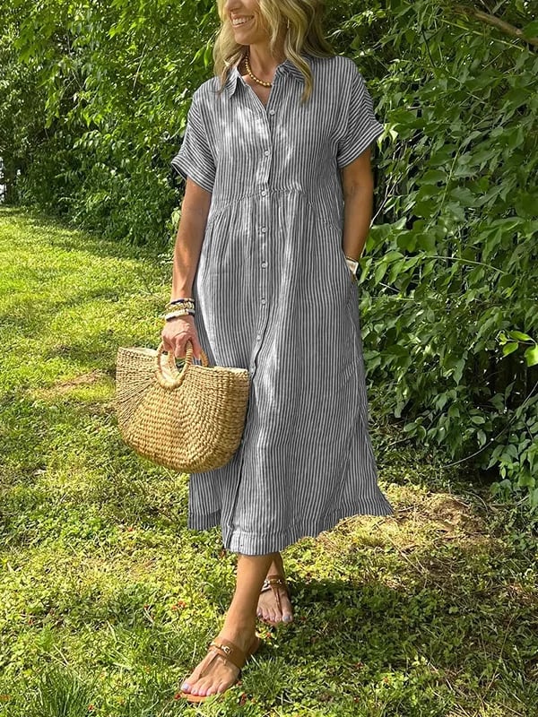 Women’s Striped Button Front Midi in Grau
