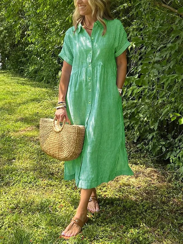 Women’s Striped Button Front Midi in Grün