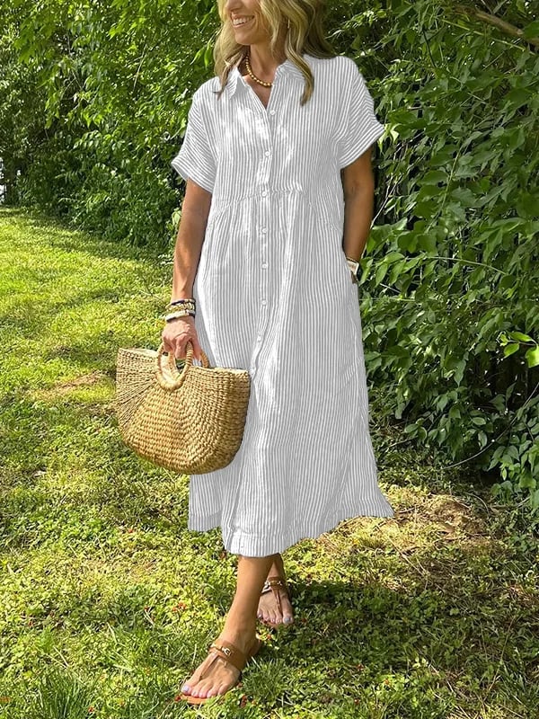 Women’s Striped Button Front Midi in Weiß